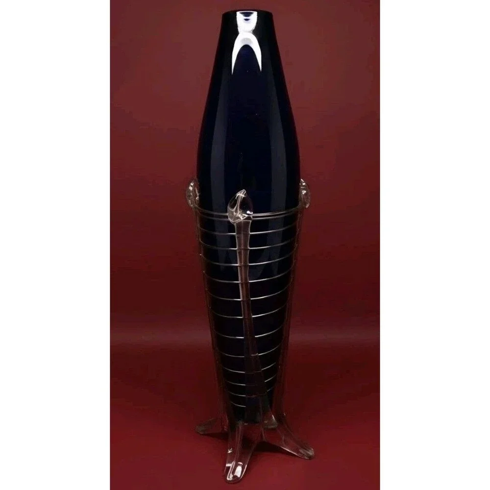 John Cook Studio Art Glass Vase 1996 Cobalt Blue Threaded Ribbed Footed 11.25 in